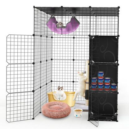 Studio shot of assembled playpen with hammock, open gate, bed, feeding bowl and storage shelves holding pet supplies