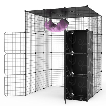 Empty L-shaped 4-tier black metal cat playpen with hammock and stacked storage cubes