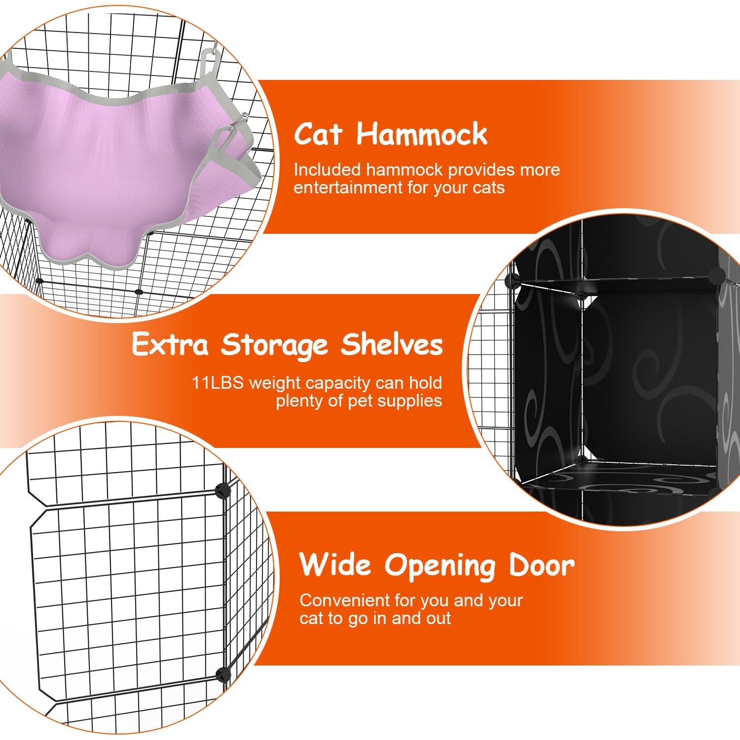 Close-up feature graphics of hammock, storage shelves and wide opening door on the cat playpen