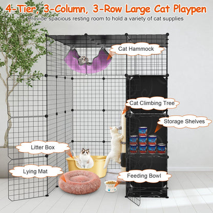 Assembled playpen showing hammock, cat tree, storage shelves with supplies and suggested accessory placement