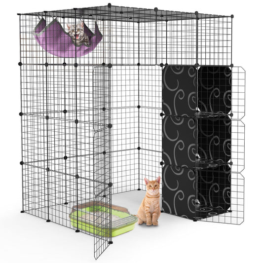 4-tier black metal cat playpen with hammock, open front door, right-side storage cubes and litter box