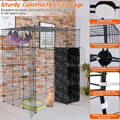 Construction close-ups showing iron grids, plastic connectors, bottom pads, cable ties and door buckles