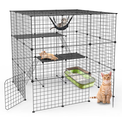 Assembled 3-tier black iron cat playpen with hammock, platforms, ladders and litter box