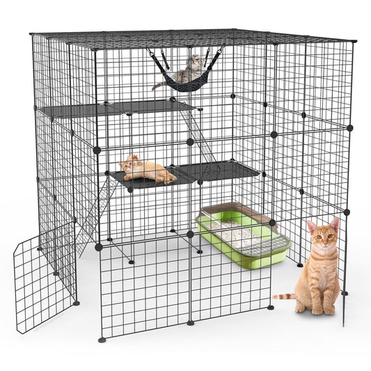 Assembled 3-tier black iron cat playpen with hammock, platforms, ladders and litter box