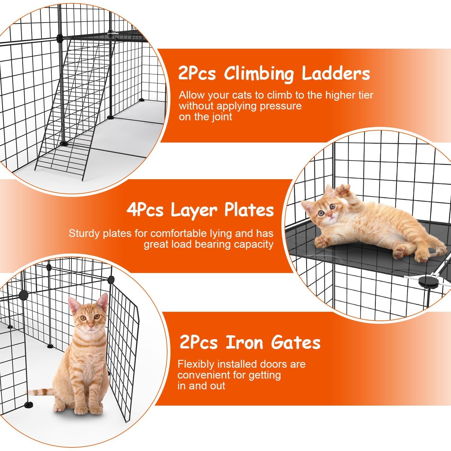 Close-up feature panel showing 2 ladders, 4 layer plates and 2 iron gates with cats for scale