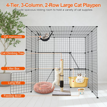 Diagram of large cat playpen with labels for hammock, climbing tree, litter box, mat and feeding bowl
