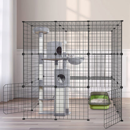 Playpen housing a tall cat tree and litter box showing interior fit and floor space