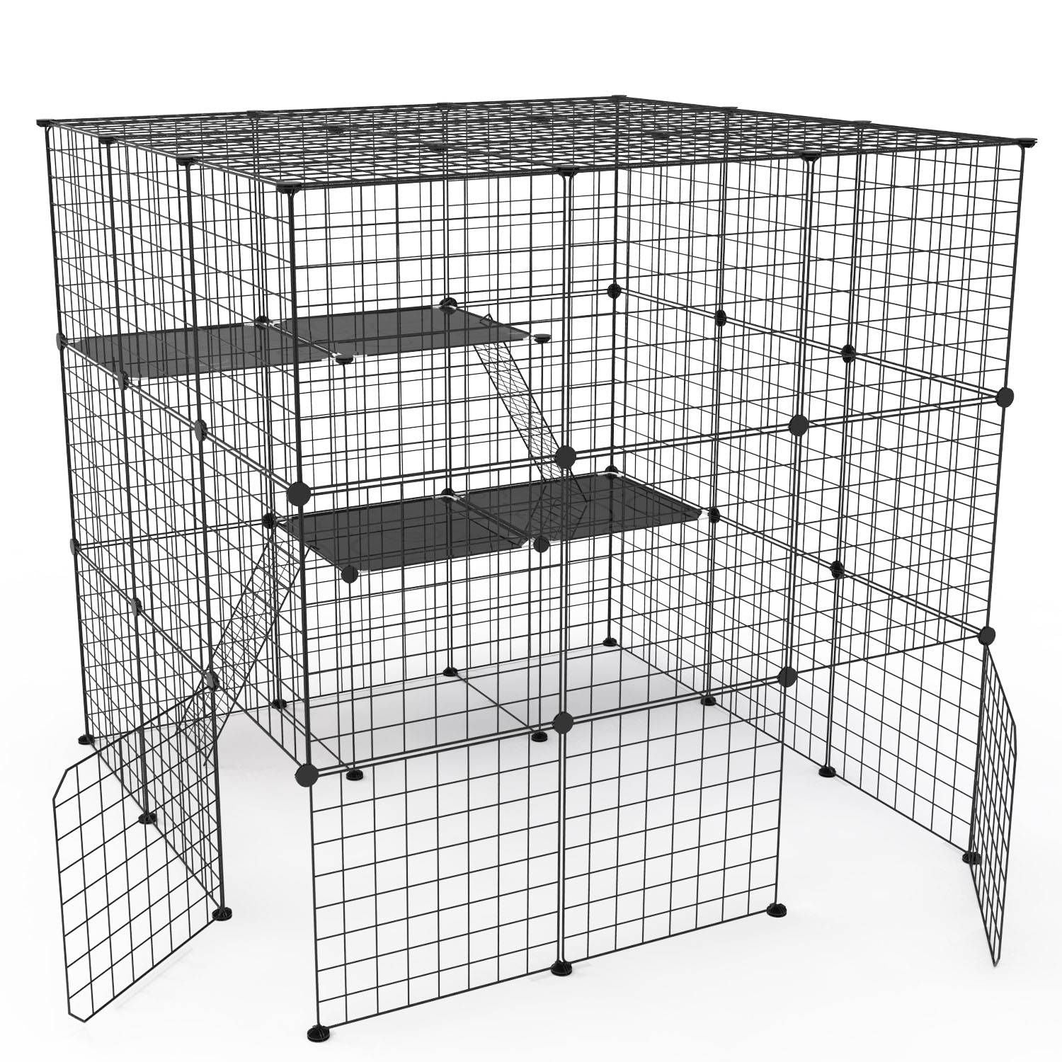 Empty assembled wire grid cat playpen showing platforms, ladders and two front doors