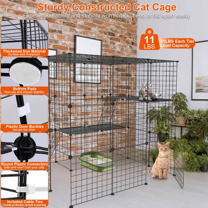 Sturdy black iron cat cage image with callouts for thickened iron, bottom pads and plastic connectors
