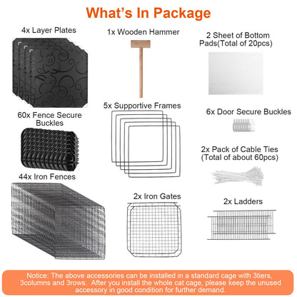 Package contents layout showing panels, layer plates, gates, ladders, buckles, cable ties and wooden hammer