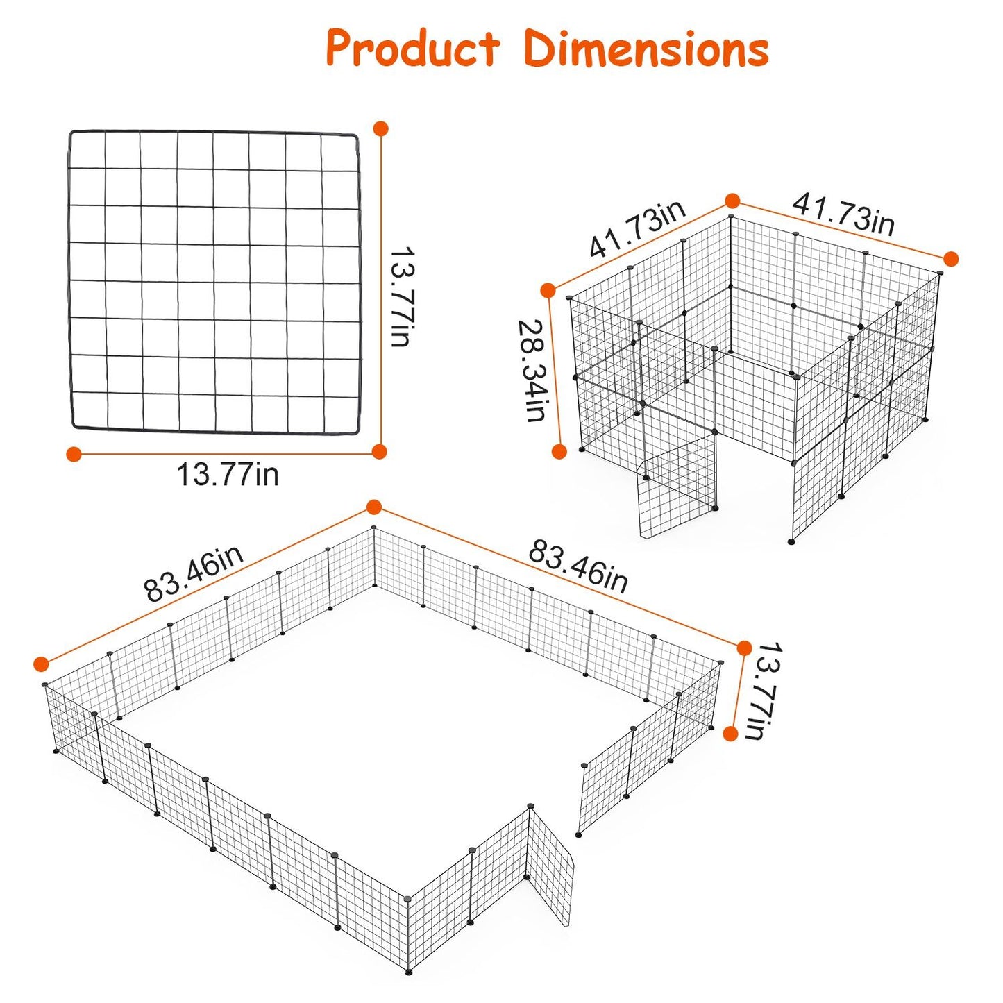 Dimension diagrams for panel and assembled playpen with measurements in inches