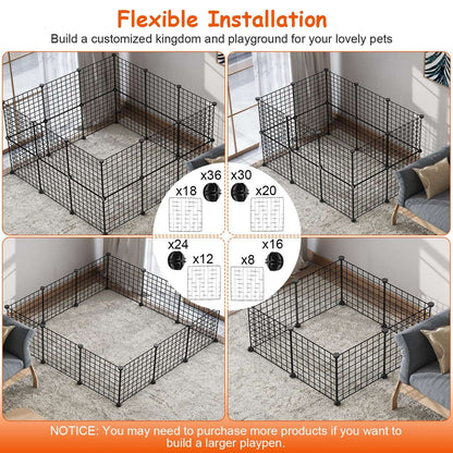 Four flexible playpen layout options showing different panel counts and connector recommendations