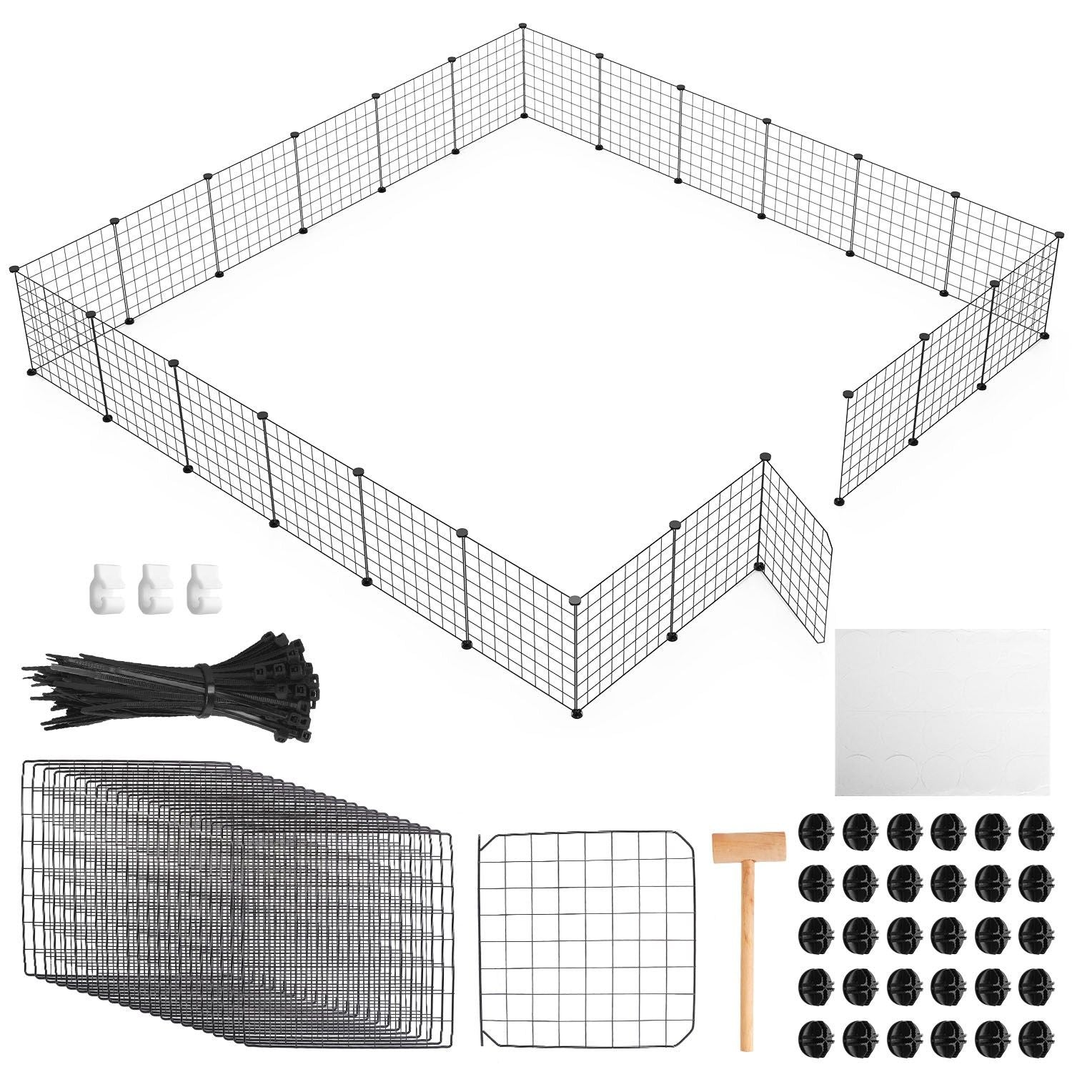 All playpen components displayed beside an assembled rectangular layout showing included parts