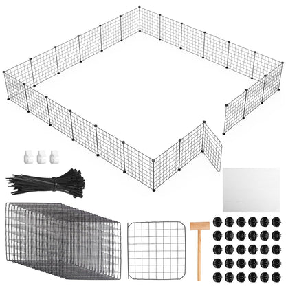 All playpen components displayed beside an assembled rectangular layout showing included parts