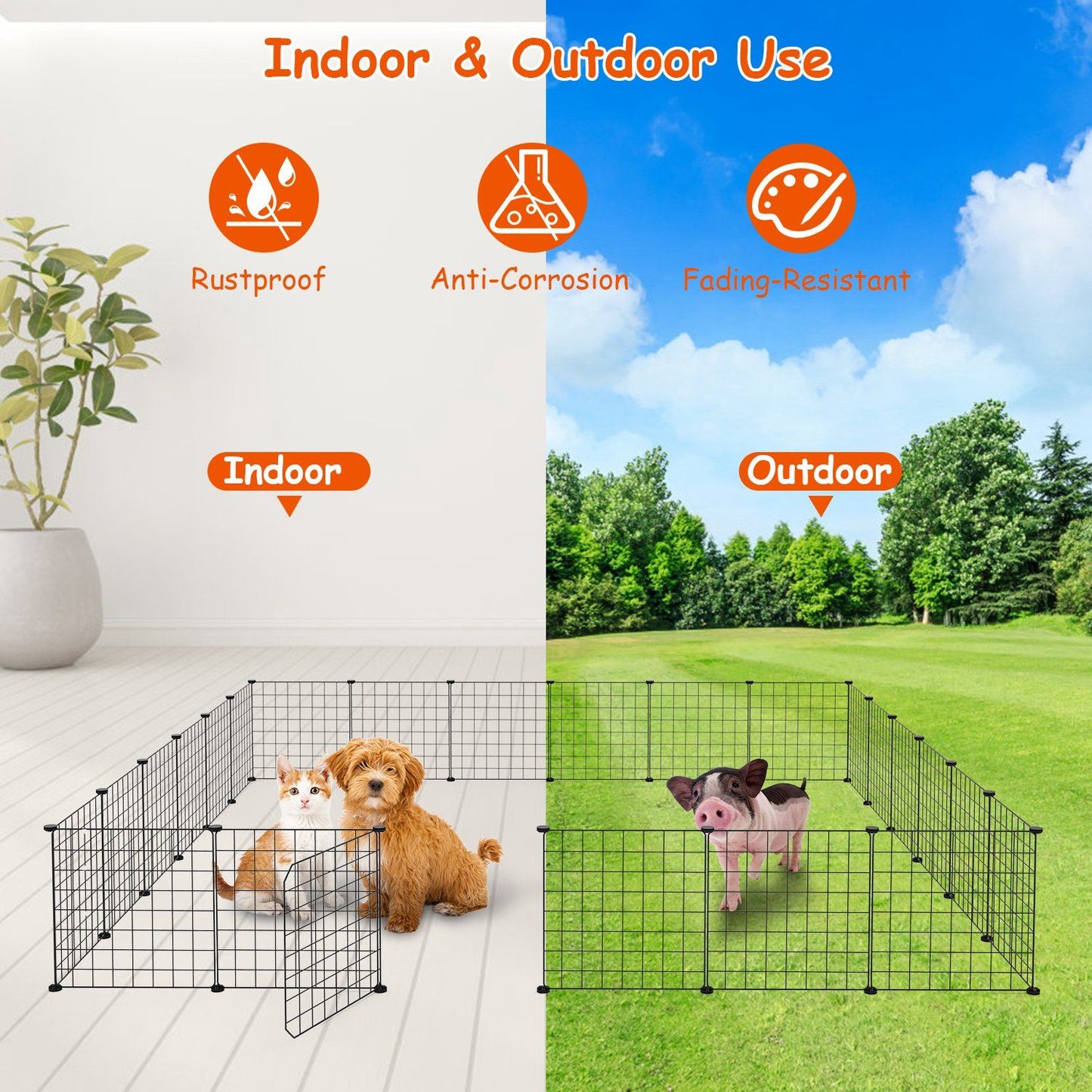 Playpen used indoors with pets and outdoors on grass demonstrating rustproof design