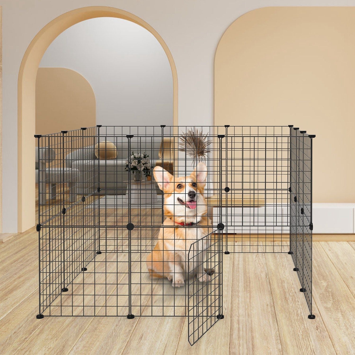 Indoor assembled playpen with a corgi inside and open door showing panel height and access