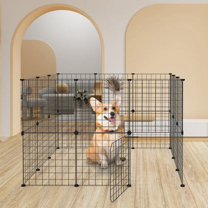 Indoor assembled playpen with a corgi inside and open door showing panel height and access