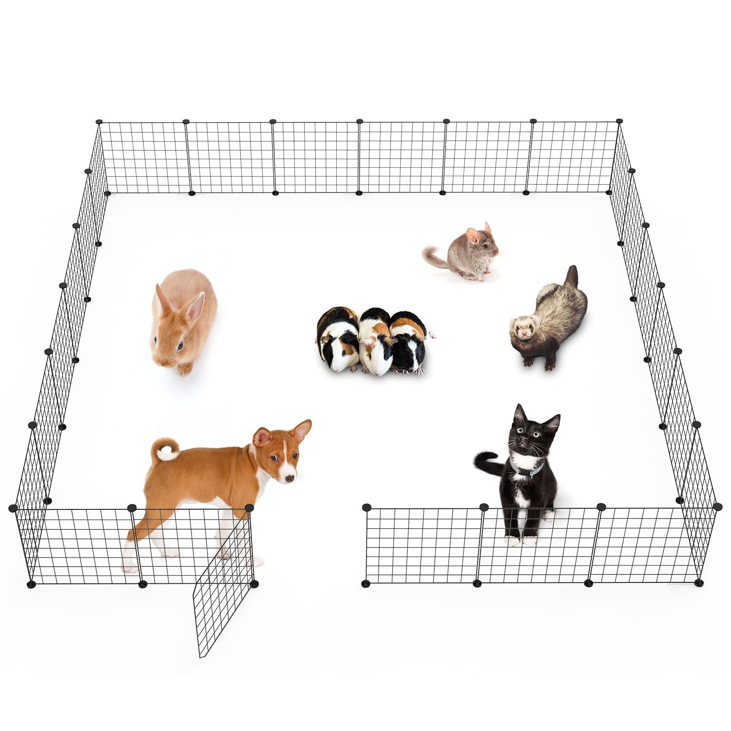 Top-down rendering of large assembled playpen with small pets and door panel visible