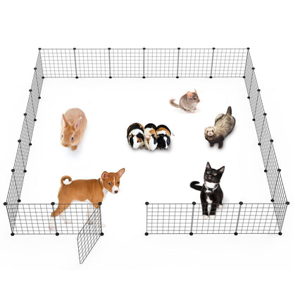 Top-down rendering of large assembled playpen with small pets and door panel visible