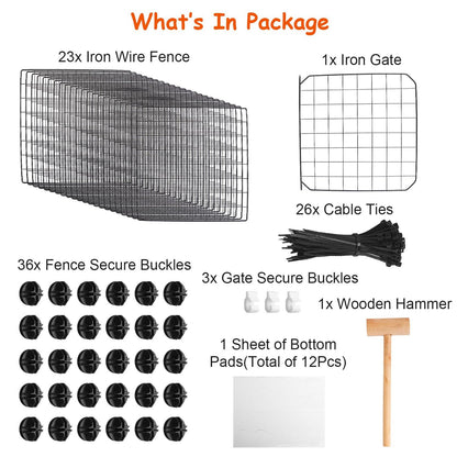 Package contents layout with wire panels gate connectors cable ties mallet and bottom pads