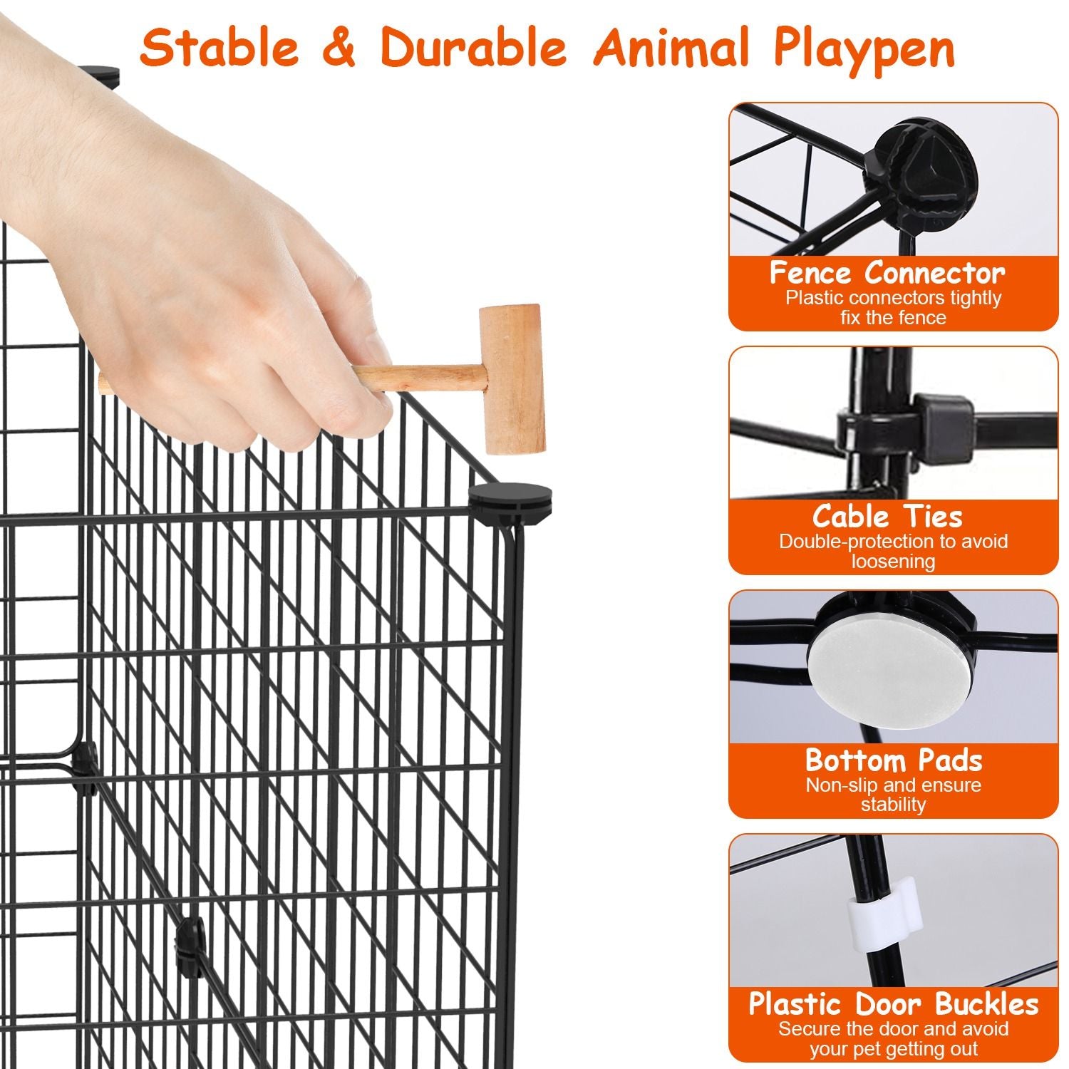 Close-up of hammer and plastic connectors cable ties and bottom pads used to assemble playpen