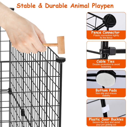 Close-up of hammer and plastic connectors cable ties and bottom pads used to assemble playpen
