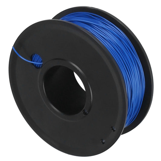 Black plastic spool of blue dog fence wire with tail threaded through side hole