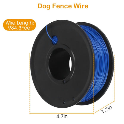 Blue dog fence wire spool with length and dimension overlay