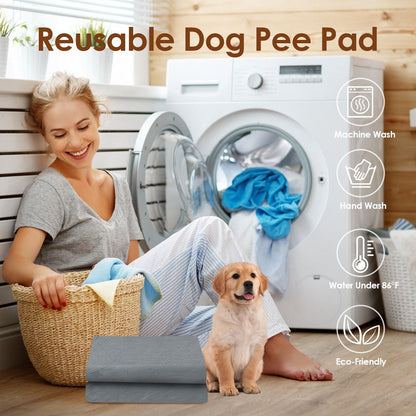 Folded grey washable pee pad beside washing machine with small puppy in laundry setting