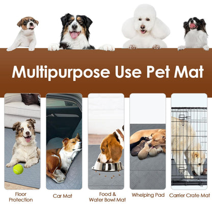 Five-panel graphic showing pad used as floor, car, bowl, whelping and crate mat