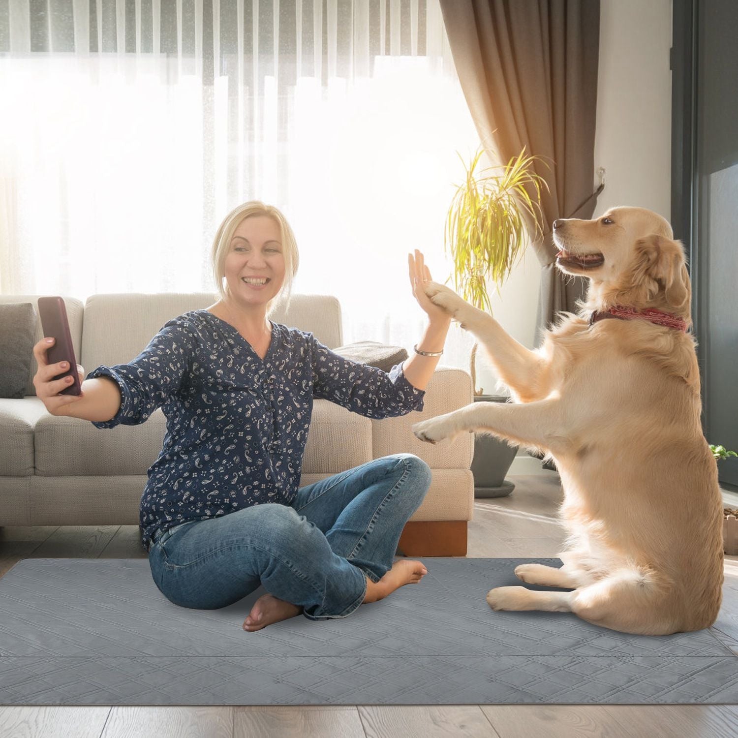 Person and large dog on grey quilted pad in living room showing comfort during play