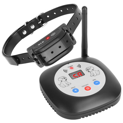 Single receiver collar paired with transmitter unit and vertical antenna on white background