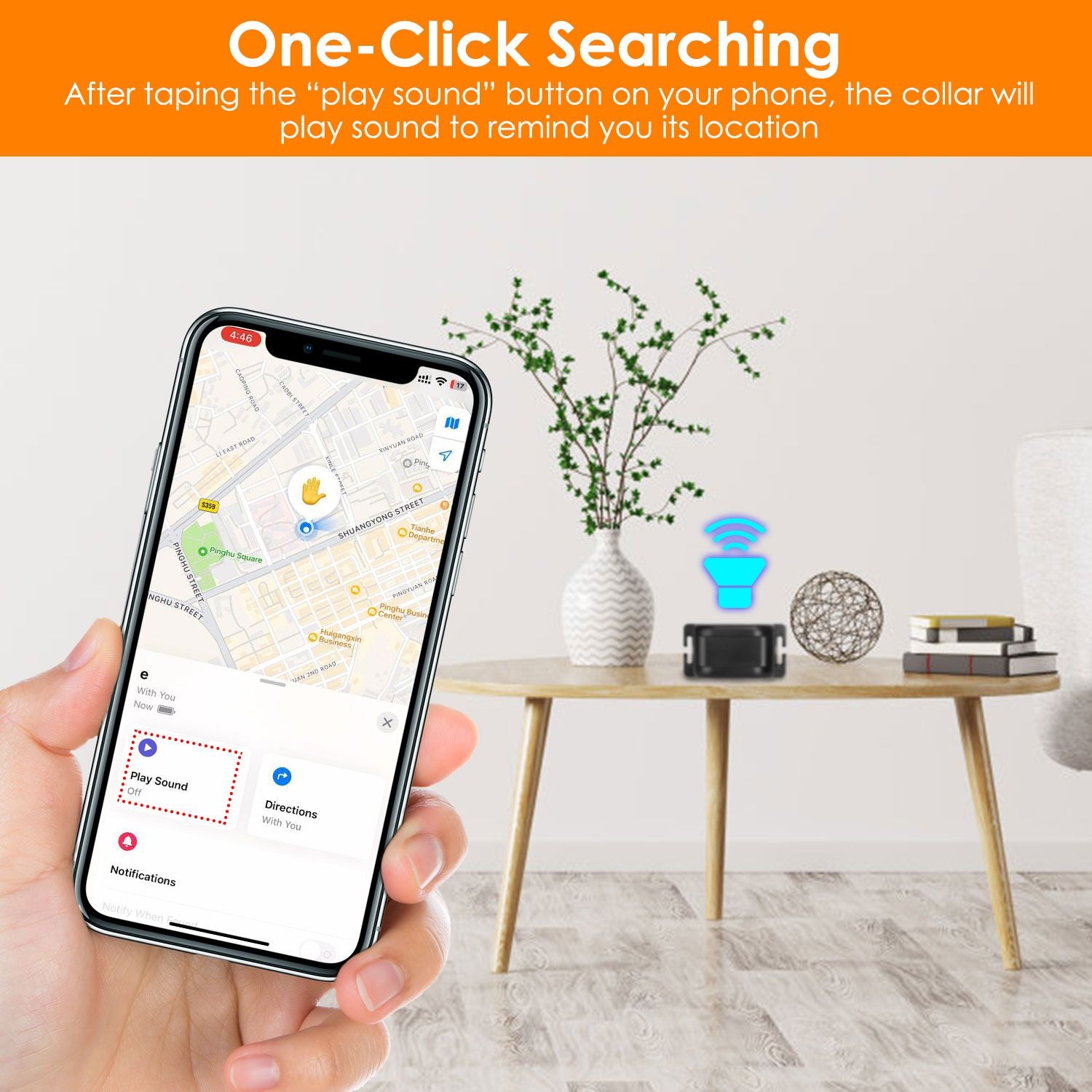 Smartphone map UI beside dog wearing receiver collar to emphasize GPS tracking feature