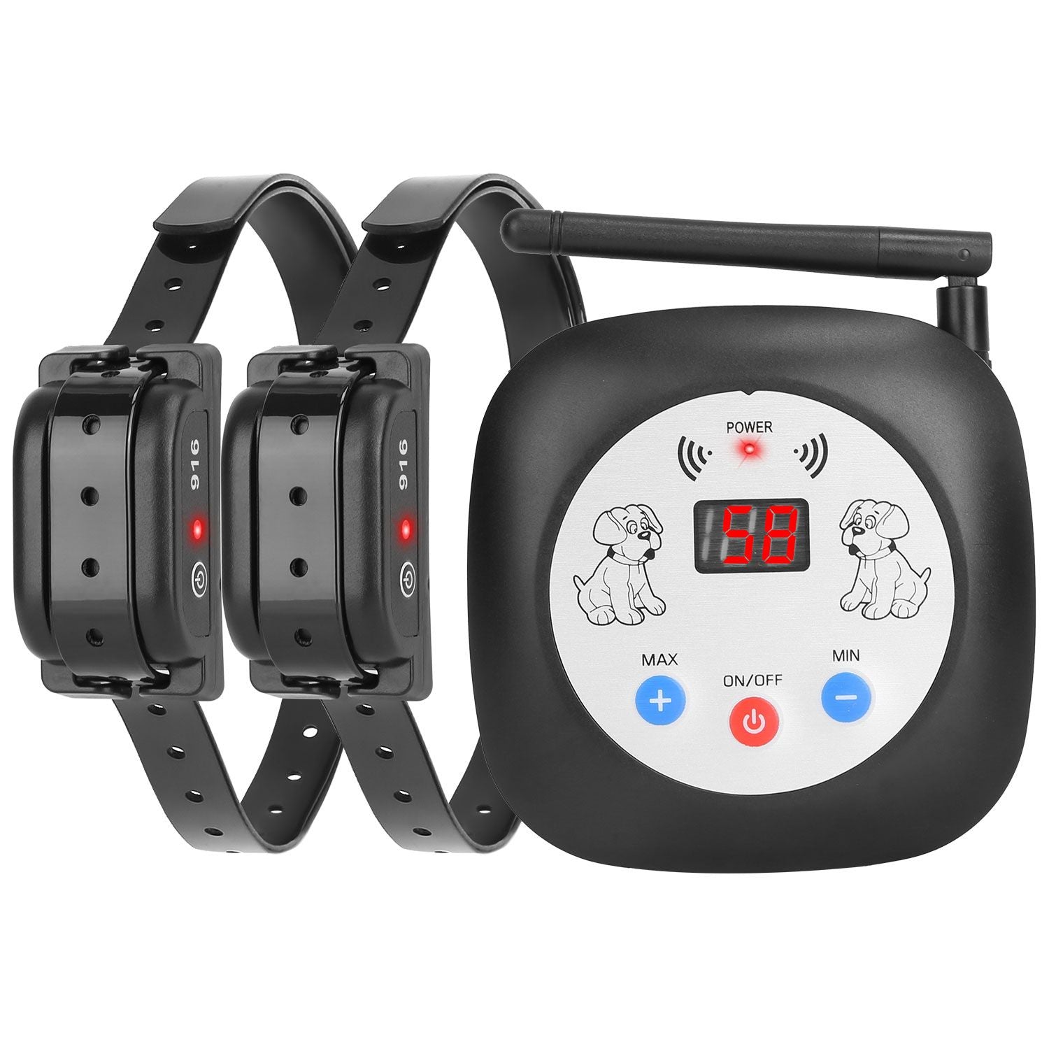 Wireless transmitter with antenna and two black receiver collars shown front view
