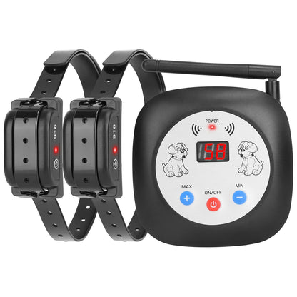 Wireless transmitter with antenna and two black receiver collars shown front view