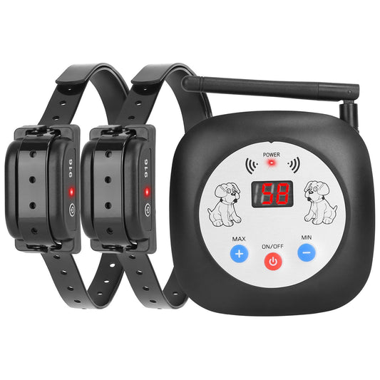 Wireless transmitter with antenna and two black receiver collars shown front view