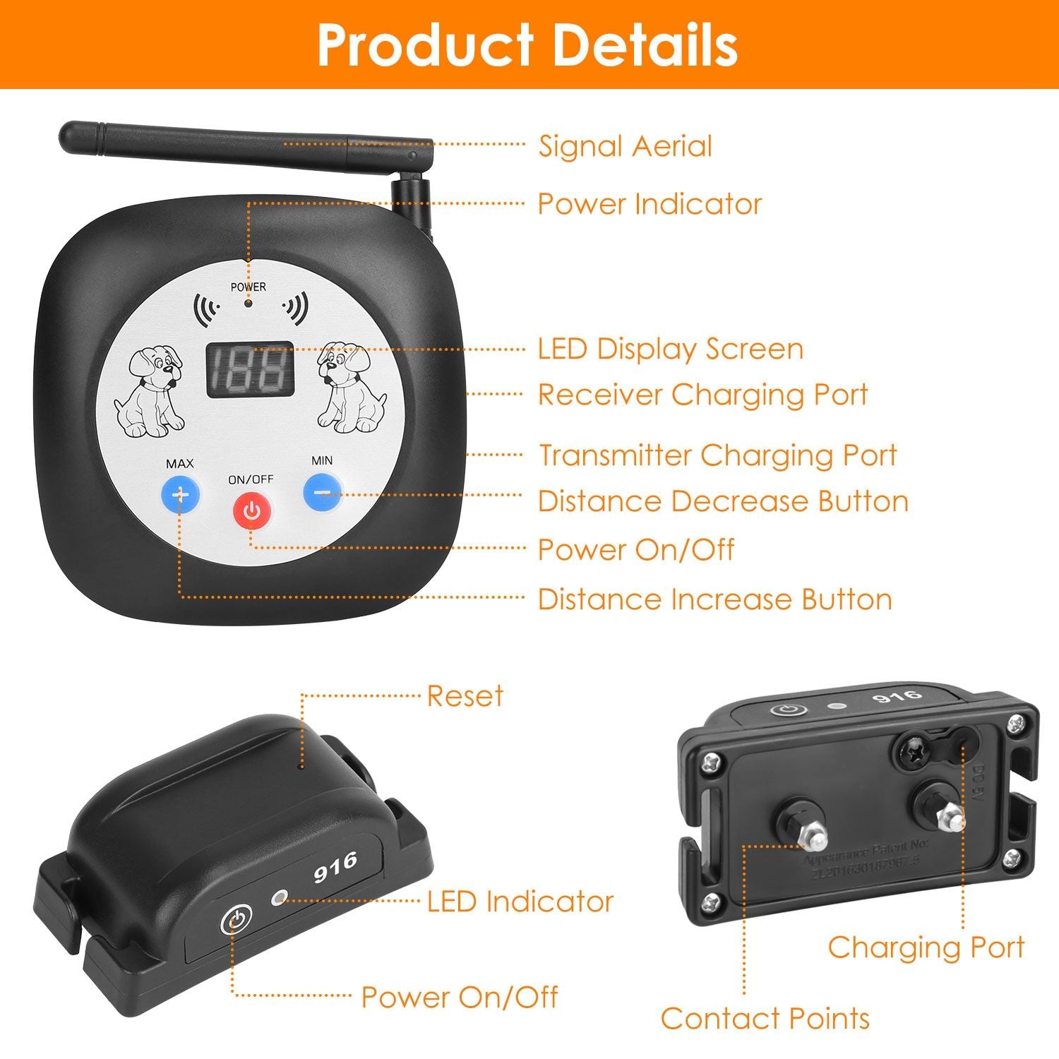 Annotated diagram labeling transmitter aerial, display, buttons and receiver contacts