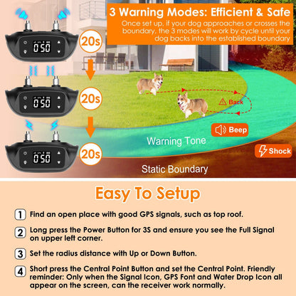 Infographic showing the device's three warning modes (beep, vibration, shock) and step-by-step setup tips