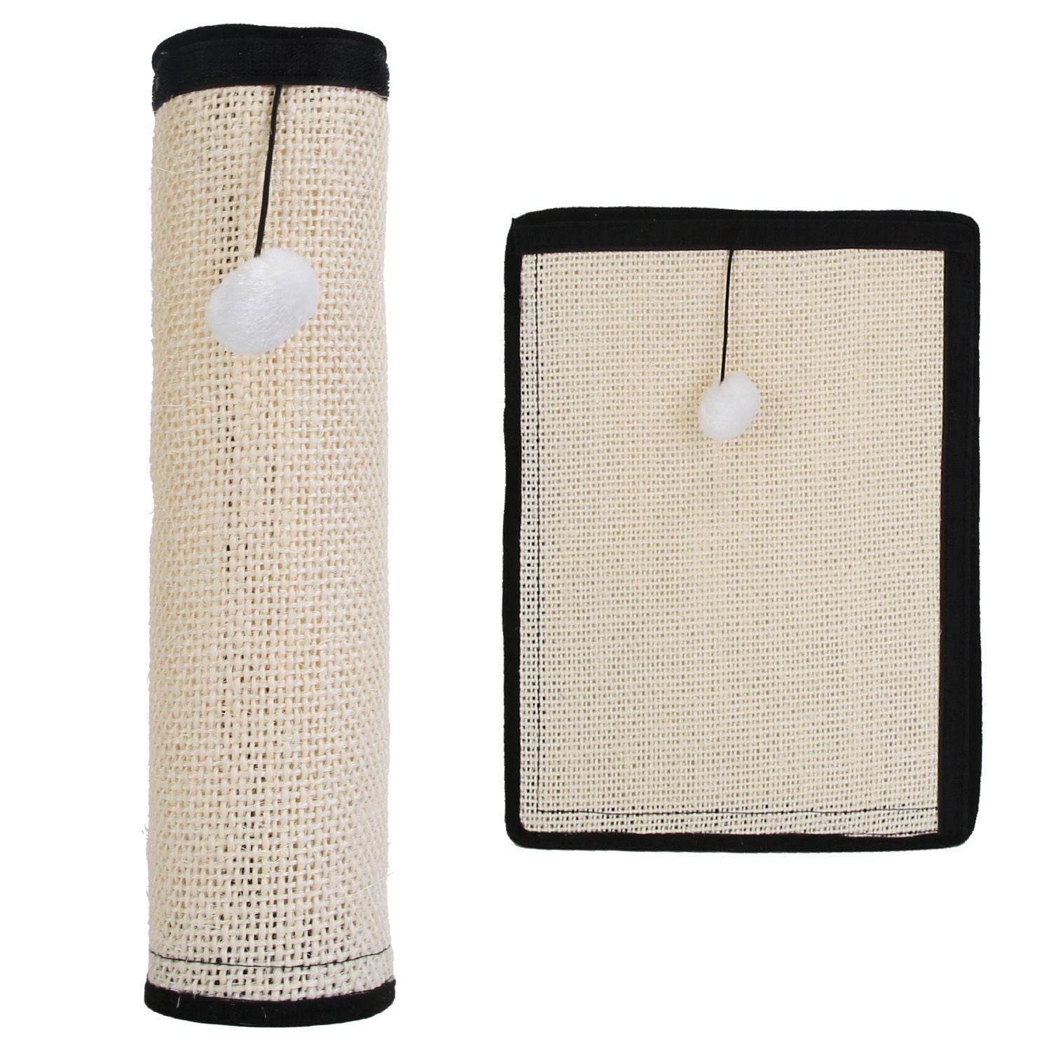 One sisal mat rolled and one laid flat side by side showing flexibility and attached pom toy.