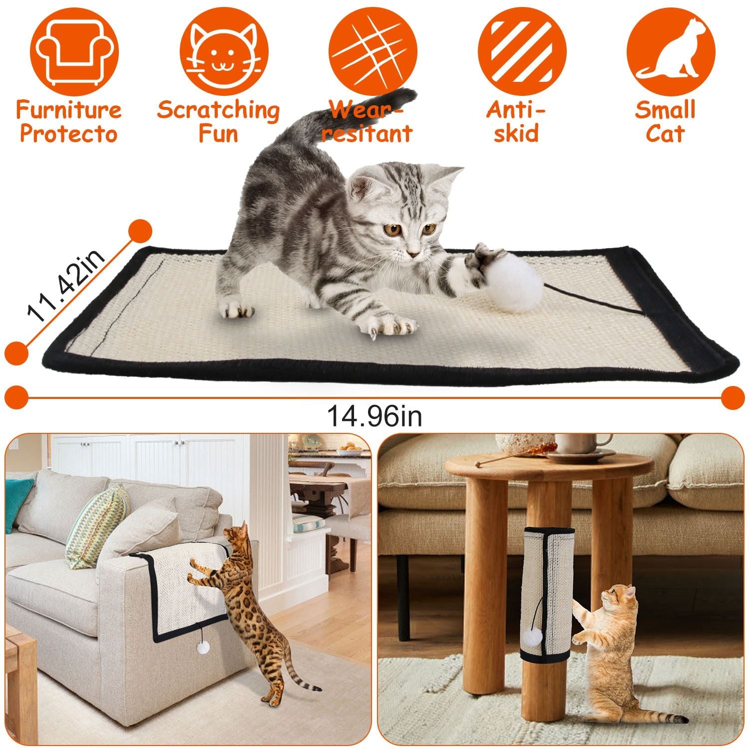 Cat scratching mat on floor with kitten playing and icons showing features and 14.96x11.42in size.