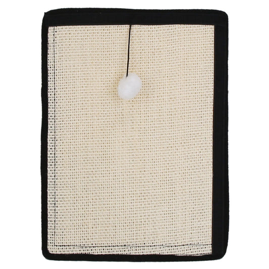 Small rectangular sisal cat scratching mat with black border and attached white pom ball.