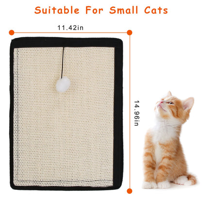 Top view of cat scratch mat with dimensions 11.42 x 14.96 in and kitten for scale.