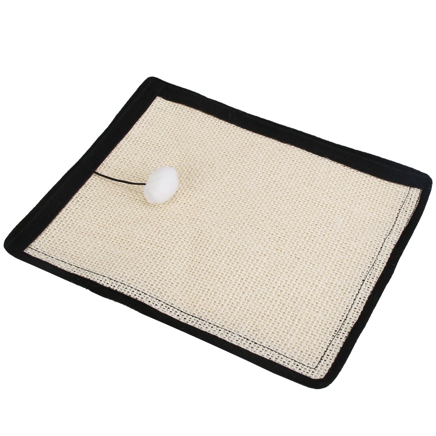 Angled flat lay of sisal cat scratch mat with black trim and attached white pom ball.