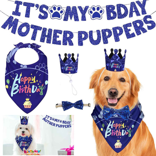 Blue dog birthday bandana set with crown hat bow tie and glitter banner Happy Birthday design