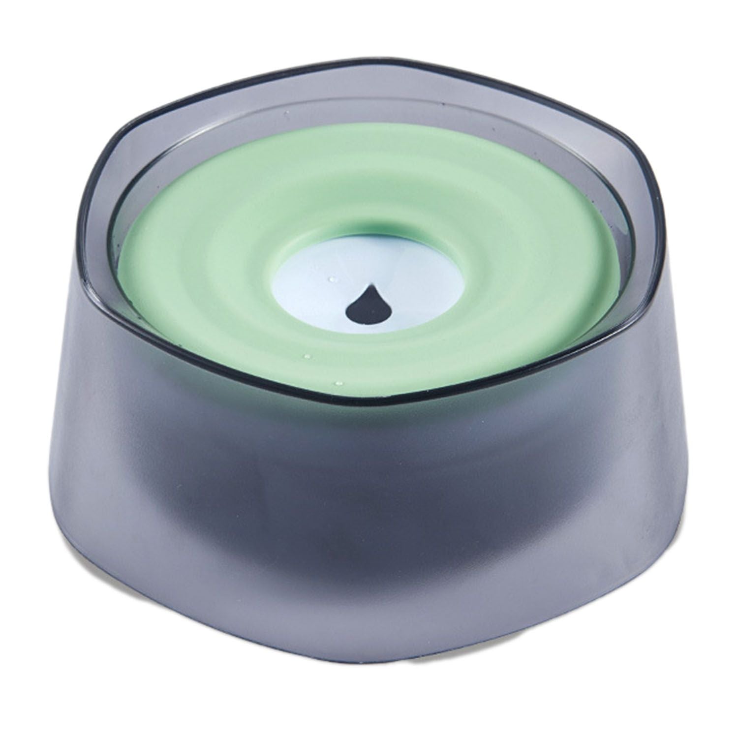Top view of pet water bowl with pale green floating disk and smoke translucent base