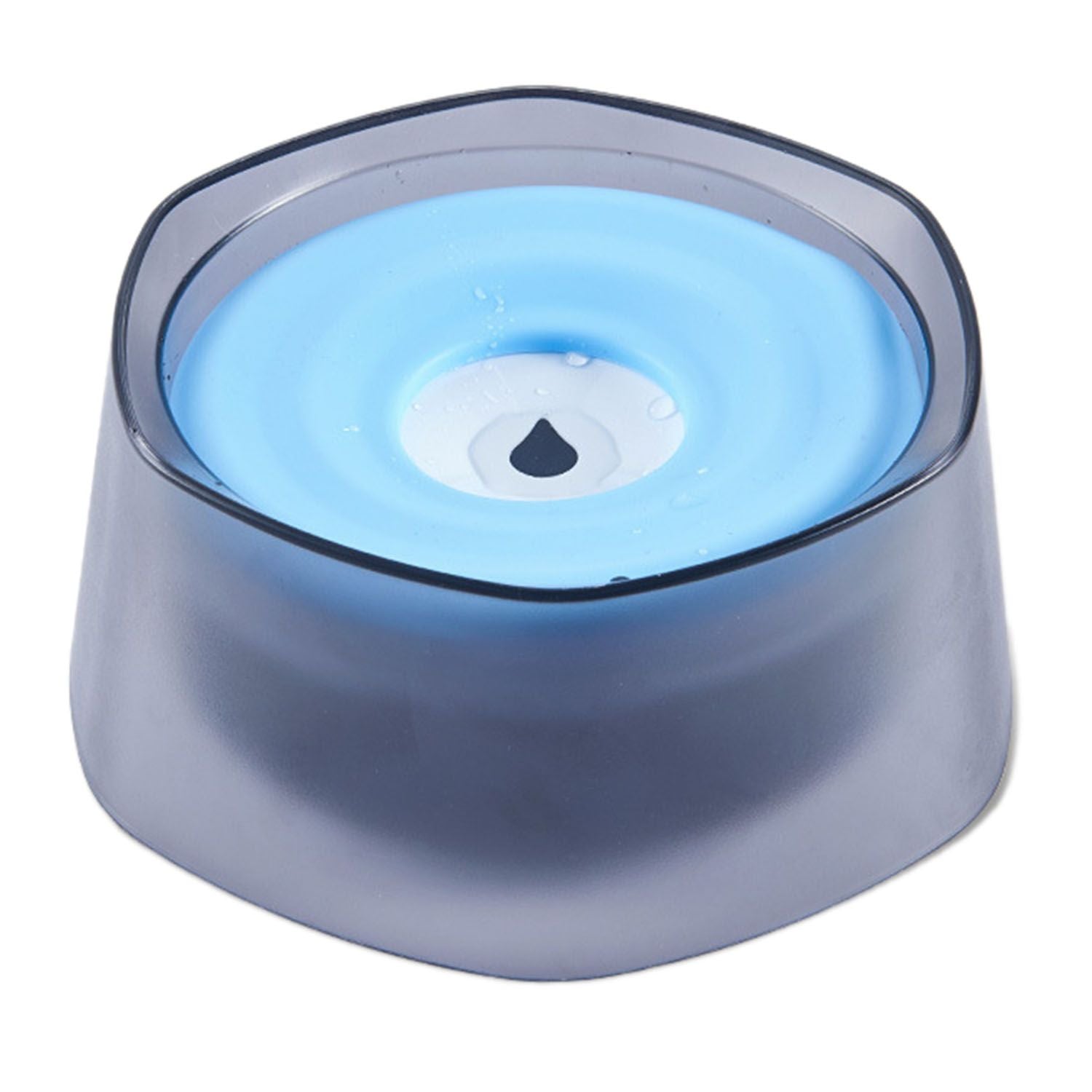 Top view of pet water bowl with blue floating disk and smoky translucent base