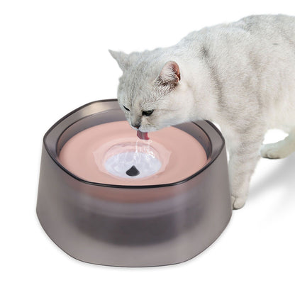Cat drinking from pink-disk spill-proof water bowl indoors