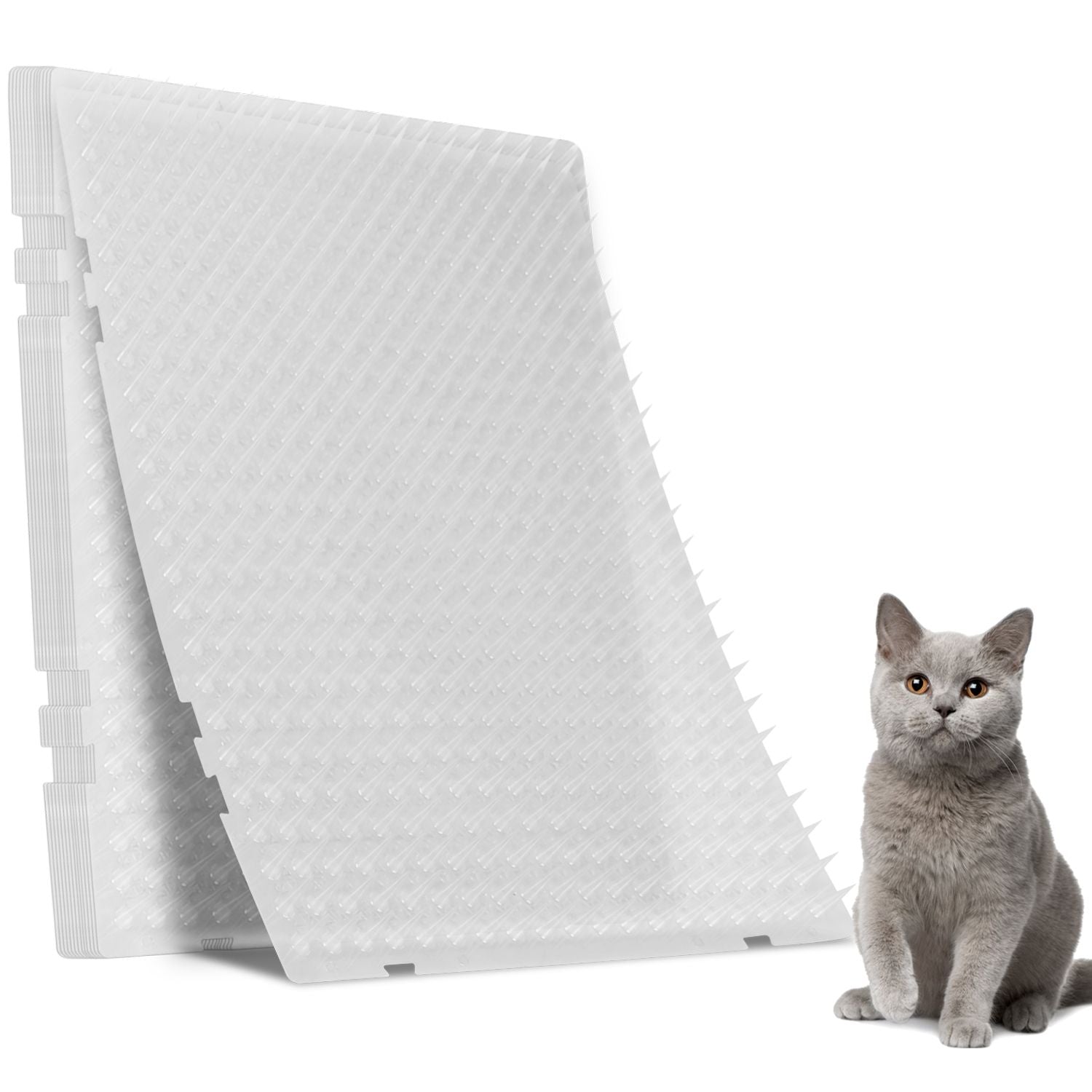 Stacked transparent spiked cat deterrent mats with a grey cat beside them