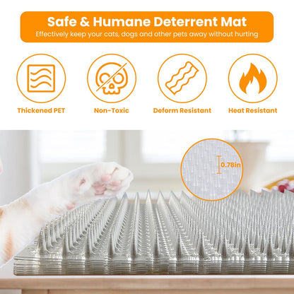 Close-up of transparent deterrent mat spikes with icons for safety and material