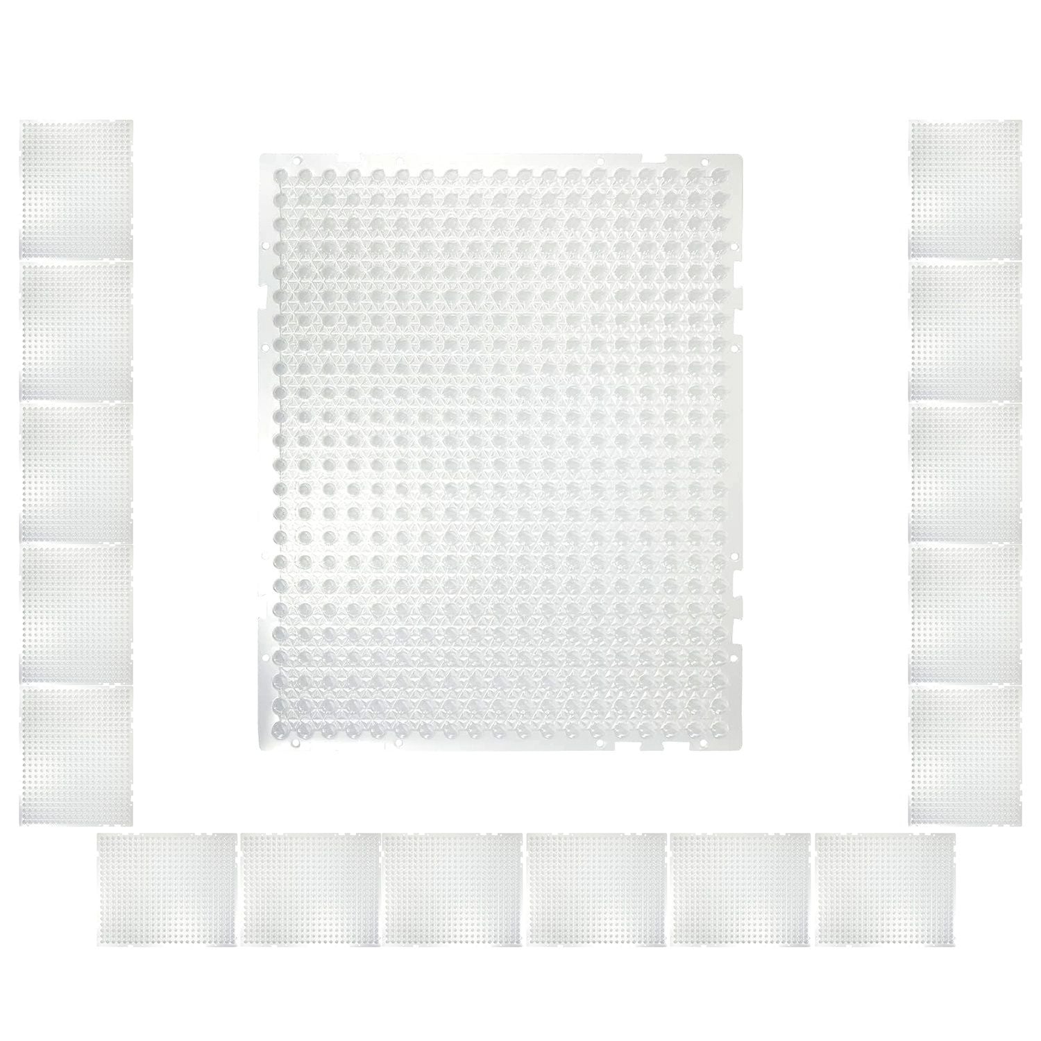 One large transparent deterrent mat surrounded by smaller modular tiles showing a 16-piece kit